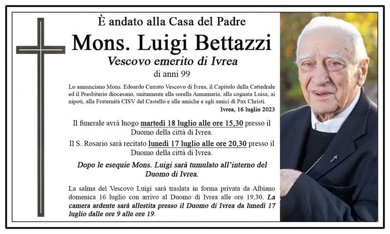 IVREA - Oggi in Duomo l'ultimo saluto a monsignor Luigi Bettazzi