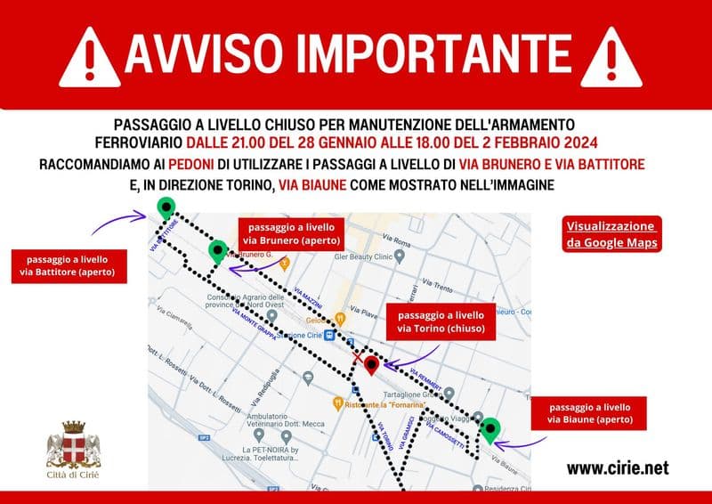 CIRIE' - Lavori ferrovia: chiuso passaggio a livello di via Torino