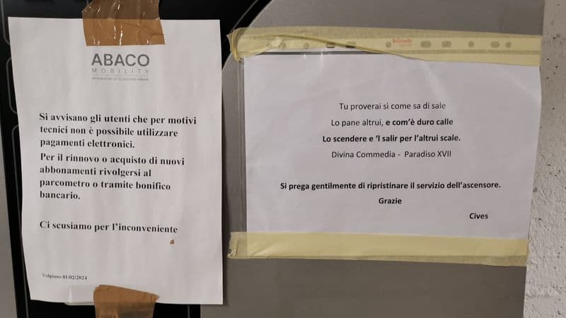 VOLPIANO - L'ascensore del parcheggio è rotto, cittadino si lamenta citando Dante
