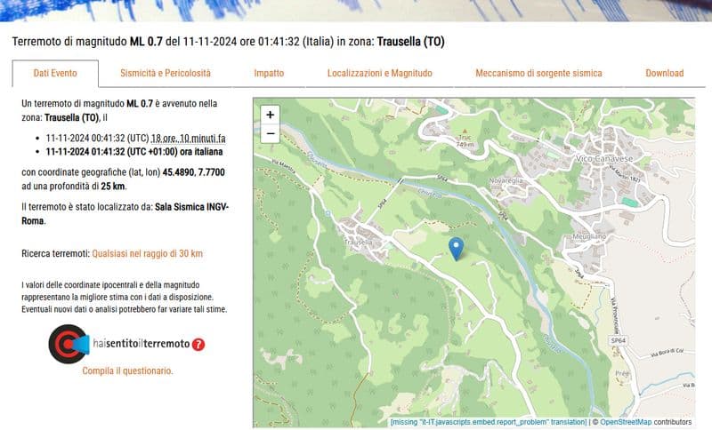 VALCHIUSA - Lieve scossa di terremoto nella notte a Trausella