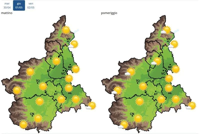 METEO CANAVESE - Primo maggio con il sole, venerdì fino a 30 gradi in pianura - LE PREVISIONI
