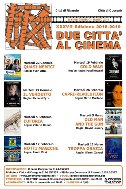 DUE CITTA' AL CINEMA - A Cuorgnè, martedì 22 gennaio, riprende la rassegna cinematografica