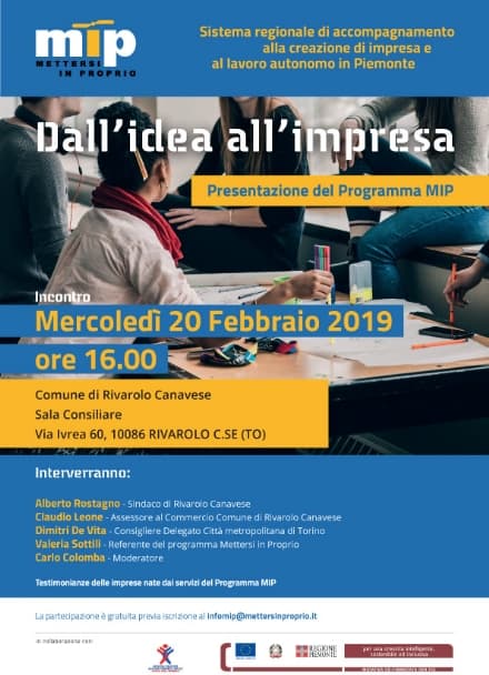 RIVAROLO - Dall'idea all'impresa: mercoledì 20 presentazione del programma Mip