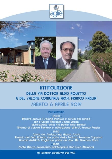 AGLIE' - Doppia intitolazione per ricordare il dottor Roletto e l'architetto Paglia