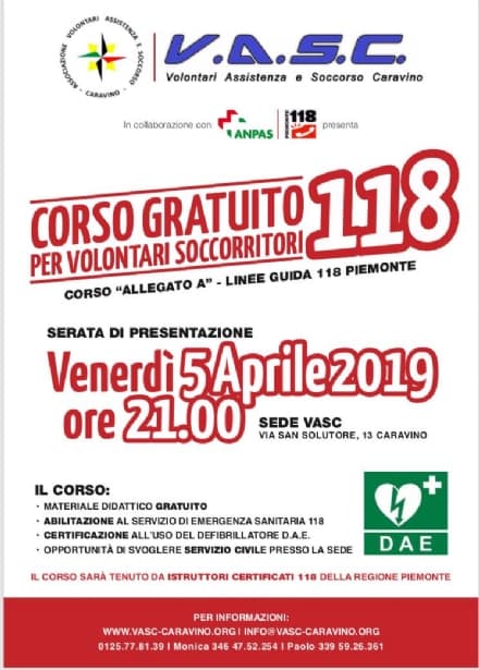 CARAVINO - Il 5 aprile serata sul nuovo corso per aspiranti volontari soccorritori 118