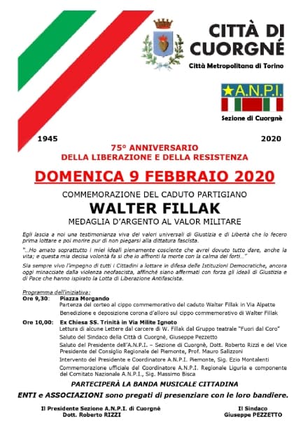 CUORGNE' - La città commemora il partigiano Walter Fillak