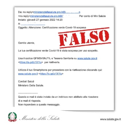 CANAVESE - False mail sul Green Pass scaduto. L'allarme del Ministero: «E' una truffa»