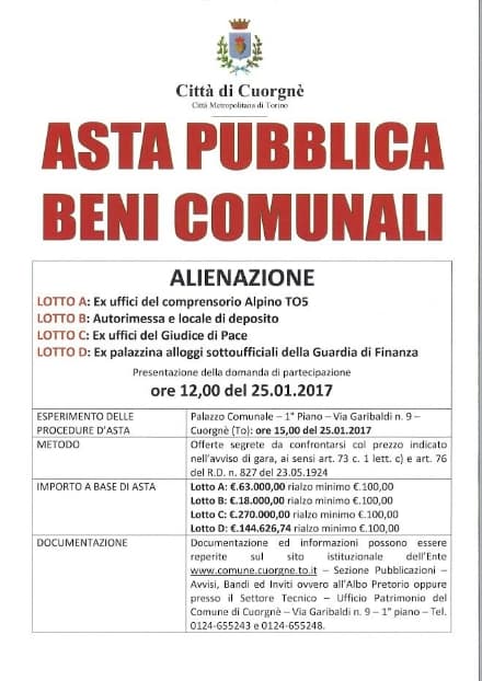 CUORGNE' - Vanno di nuovo all'asta gli uffici del giudice di pace