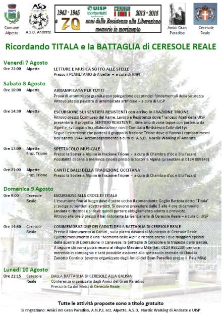 CERESOLE-ALPETTE - Tante iniziative per ricordare Titala e la Battaglia di Ceresole