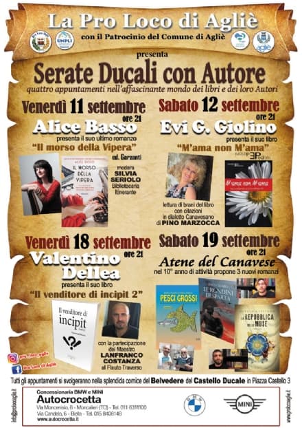 AGLIE' - Partono le «Serate Ducali con Autore»