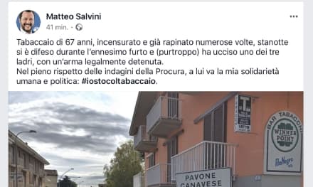 LADRO UCCISO DAL TABACCAIO A PAVONE CANAVESE - Salvini sui social: #iostocoltabaccaio