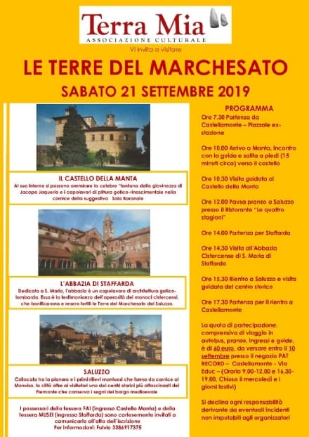 CASTELLAMONTE - Con Terra Mia in visita alle Terre del Marchesato il 21 settembre