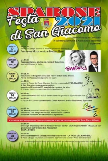 SPARONE - Festa di San Giacomo 2021: raffica di eventi dal 17 luglio