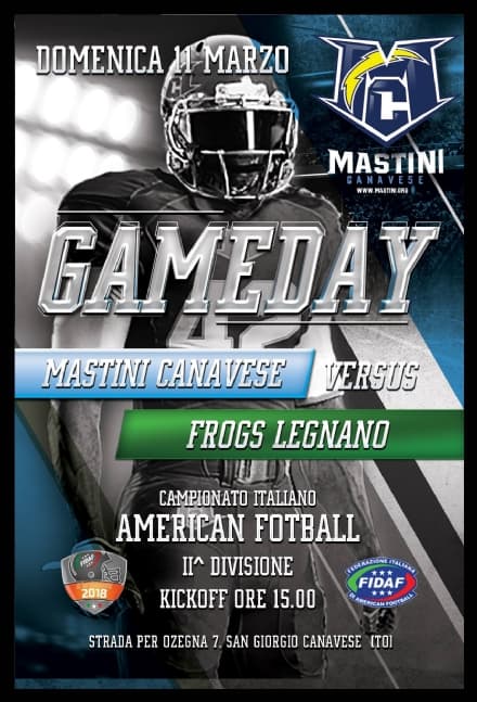 FOOTBALL AMERICANO - Esordio dei Mastini a San Giorgio Canavese: super sfida ai Frogs di Legnano