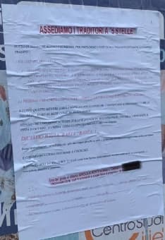 CIRIE' - Spuntano manifesti minacciosi contro i «traditori» del Movimento 5 Stelle