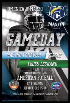 FOOTBALL AMERICANO - Esordio dei Mastini a San Giorgio Canavese: super sfida ai Frogs di Legnano