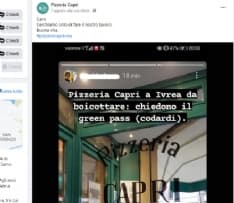 IVREA - Cliente senza green pass se la prende con la pizzeria, posta una storia sui social e il locale riceve una valanga di messaggi di stima e solidarietà