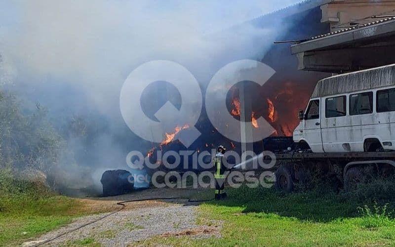MERCENASCO - Furioso incendio in un'azienda agricola: a fuoco capannone e rotoballe di fieno - FOTO