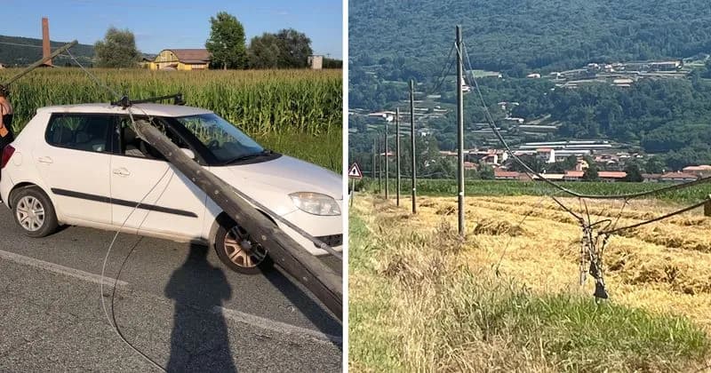 BOLLENGO - Pali della rete telefonica vecchi e pericolanti: uno cade e centra un'auto