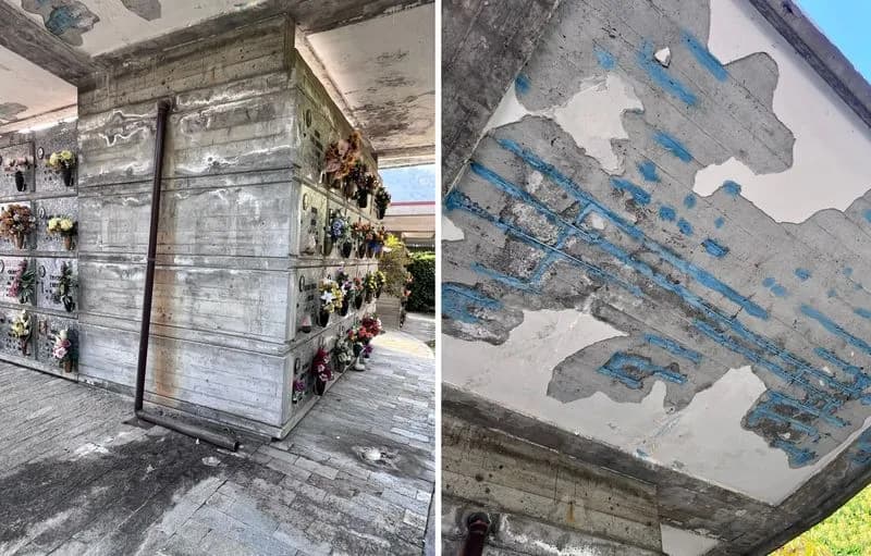CUORGNE' - Infiltrazioni d'acqua e intonaci sgretolati al cimitero, Pieruccini: «La condizione di queste strutture è precaria» - FOTO