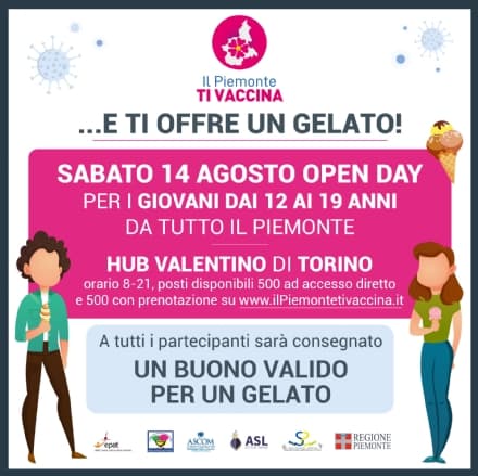 VACCINI - La Regione Piemonte offre il gelato ai ragazzi che si vaccinano sabato al Valentino