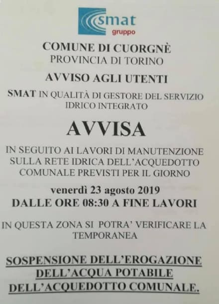 CUORGNE - Sospensione dell'erogazione dell'acqua potabile domani in Via Torino e limitrofi
